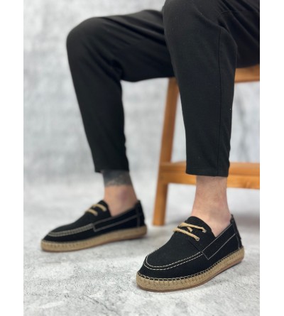 BA0358 BOA Doğal Deri Tozu Bağcıklı Kauçuk El Yapımı Espadril Taban Siyah Renk Erkek Ayakkabı