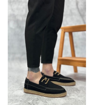 BA0358 BOA Doğal Deri Tozu Bağcıklı Kauçuk El Yapımı Espadril Taban Siyah Renk Erkek Ayakkabı