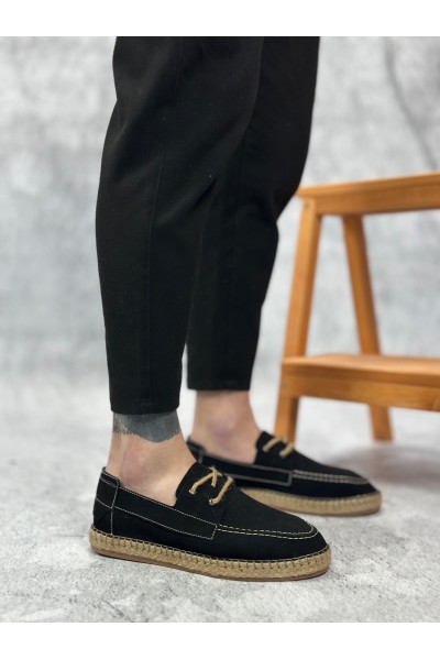 BA0358 BOA Doğal Deri Tozu Bağcıklı Kauçuk El Yapımı Espadril Taban Siyah Renk Erkek Ayakkabı