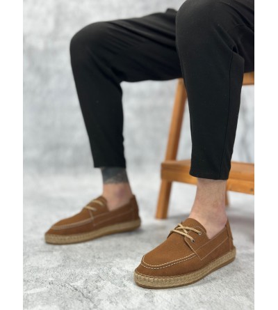BA0358 BOA Doğal Deri Tozu Bağcıklı Kauçuk El Yapımı Espadril Taban Taba Renk Erkek Ayakkabı