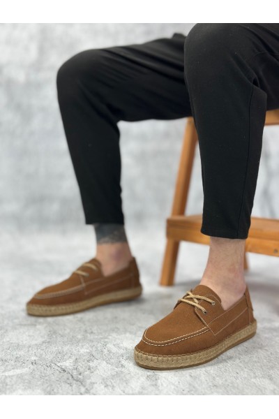 BA0358 BOA Doğal Deri Tozu Bağcıklı Kauçuk El Yapımı Espadril Taban Taba Renk Erkek Ayakkabı