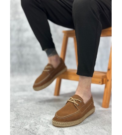 BA0358 BOA Doğal Deri Tozu Bağcıklı Kauçuk El Yapımı Espadril Taban Taba Renk Erkek Ayakkabı