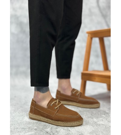 BA0358 BOA Doğal Deri Tozu Bağcıklı Kauçuk El Yapımı Espadril Taban Taba Renk Erkek Ayakkabı