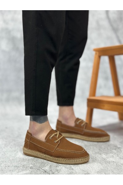 BA0358 BOA Doğal Deri Tozu Bağcıklı Kauçuk El Yapımı Espadril Taban Taba Renk Erkek Ayakkabı