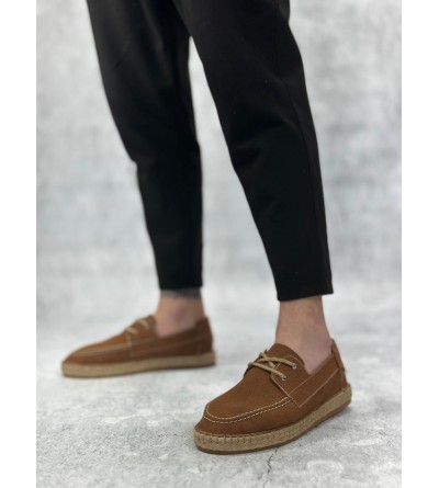 BA0358 BOA Doğal Deri Tozu Bağcıklı Kauçuk El Yapımı Espadril Taban Taba Renk Erkek Ayakkabı