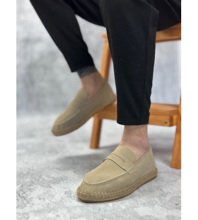 BA0359 BOA Doğal Deri Tozu Bağcıksız Kauçuk El Yapımı Espadril Taban Krem Renk Erkek Ayakkabı