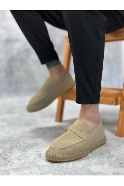 BA0359 BOA Doğal Deri Tozu Bağcıksız Kauçuk El Yapımı Espadril Taban Krem Renk Erkek Ayakkabı