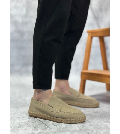 BA0359 BOA Doğal Deri Tozu Bağcıksız Kauçuk El Yapımı Espadril Taban Krem Renk Erkek Ayakkabı