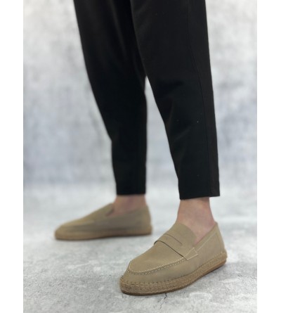 BA0359 BOA Doğal Deri Tozu Bağcıksız Kauçuk El Yapımı Espadril Taban Krem Renk Erkek Ayakkabı