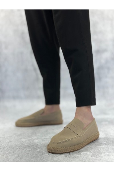 BA0359 BOA Doğal Deri Tozu Bağcıksız Kauçuk El Yapımı Espadril Taban Krem Renk Erkek Ayakkabı