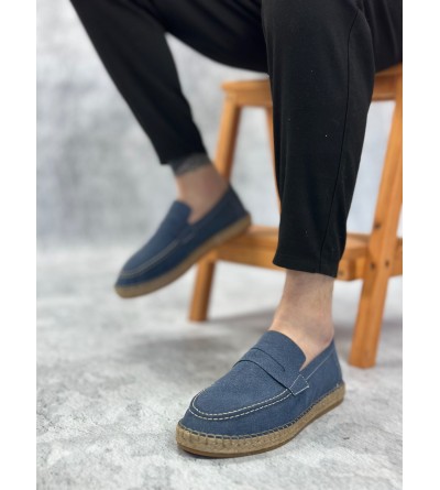 BA0359 BOA Doğal Deri Tozu Bağcıksız Kauçuk El Yapımı Espadril Taban Mavi Renk Erkek Ayakkabı