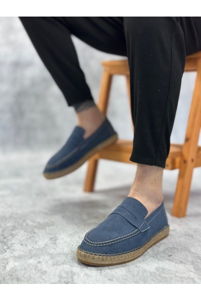 BA0359 BOA Doğal Deri Tozu Bağcıksız Kauçuk El Yapımı Espadril Taban Mavi Renk Erkek Ayakkabı BA0359 BOA Doğal Deri Tozu Bağcıksız Kauçuk El Yapımı Espadril Taban Mavi Renk Erkek Ayakkabı