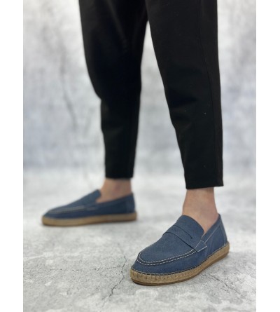 BA0359 BOA Doğal Deri Tozu Bağcıksız Kauçuk El Yapımı Espadril Taban Mavi Renk Erkek Ayakkabı