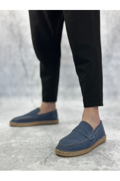 BA0359 BOA Doğal Deri Tozu Bağcıksız Kauçuk El Yapımı Espadril Taban Mavi Renk Erkek Ayakkabı