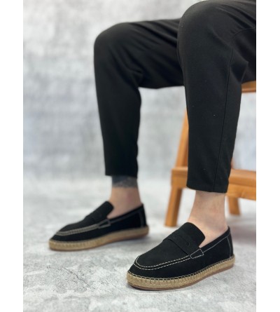 BA0359 BOA Doğal Deri Tozu Bağcıksız Kauçuk El Yapımı Espadril Taban Siyah Renk Erkek Ayakkabı