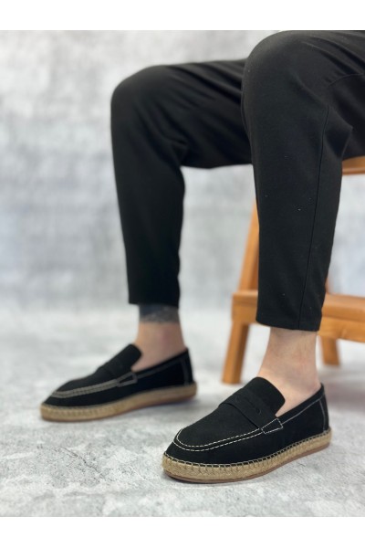 BA0359 BOA Doğal Deri Tozu Bağcıksız Kauçuk El Yapımı Espadril Taban Siyah Renk Erkek Ayakkabı