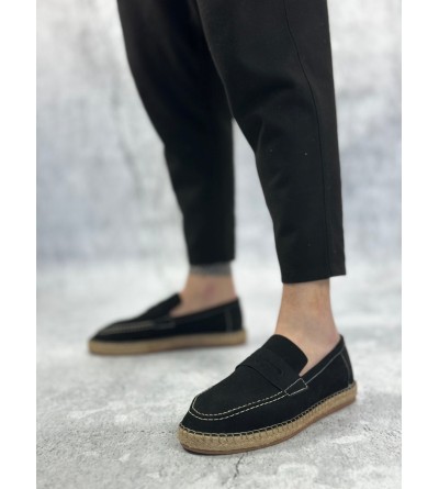 BA0359 BOA Doğal Deri Tozu Bağcıksız Kauçuk El Yapımı Espadril Taban Siyah Renk Erkek Ayakkabı