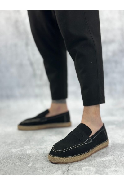 BA0359 BOA Doğal Deri Tozu Bağcıksız Kauçuk El Yapımı Espadril Taban Siyah Renk Erkek Ayakkabı