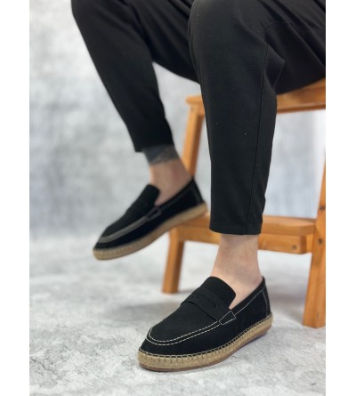 BA0359 BOA Doğal Deri Tozu Bağcıksız Kauçuk El Yapımı Espadril Taban Siyah Renk Erkek Ayakkabı