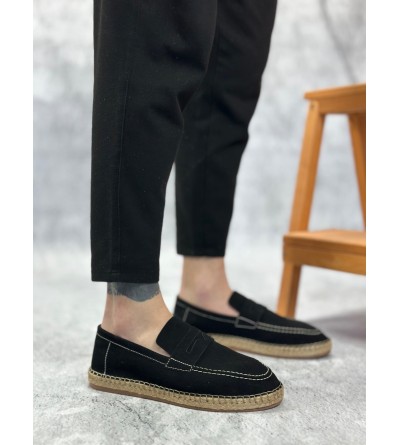 BA0359 BOA Doğal Deri Tozu Bağcıksız Kauçuk El Yapımı Espadril Taban Siyah Renk Erkek Ayakkabı