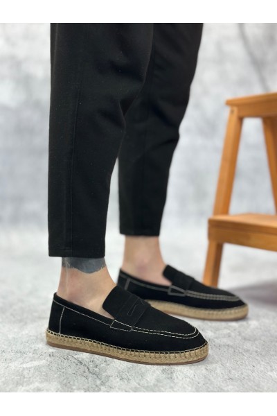 BA0359 BOA Doğal Deri Tozu Bağcıksız Kauçuk El Yapımı Espadril Taban Siyah Renk Erkek Ayakkabı