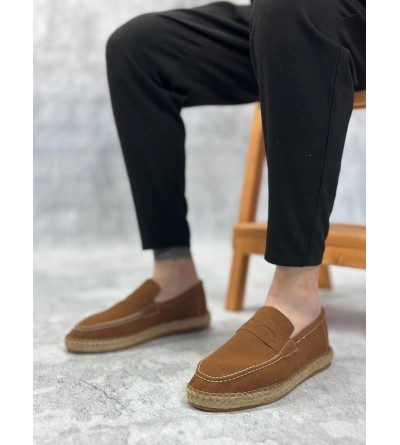 BA0359 BOA Doğal Deri Tozu Bağcıksız Kauçuk El Yapımı Espadril Taban Taba Renk Erkek Ayakkabı