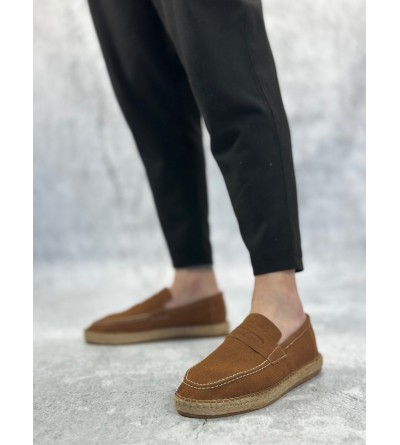 BA0359 BOA Doğal Deri Tozu Bağcıksız Kauçuk El Yapımı Espadril Taban Taba Renk Erkek Ayakkabı