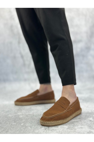 BA0359 BOA Doğal Deri Tozu Bağcıksız Kauçuk El Yapımı Espadril Taban Taba Renk Erkek Ayakkabı