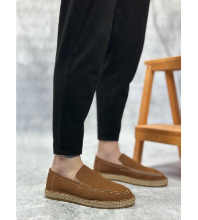 BA0359 BOA Doğal Deri Tozu Bağcıksız Kauçuk El Yapımı Espadril Taban Taba Renk Erkek Ayakkabı