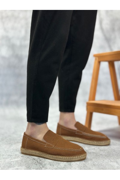 BA0359 BOA Doğal Deri Tozu Bağcıksız Kauçuk El Yapımı Espadril Taban Taba Renk Erkek Ayakkabı