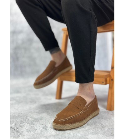 BA0359 BOA Doğal Deri Tozu Bağcıksız Kauçuk El Yapımı Espadril Taban Taba Renk Erkek Ayakkabı