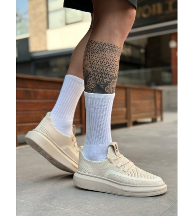 BA0375 Özel Örme Triko Tarz Krem Renk Spor Ayakkabı 