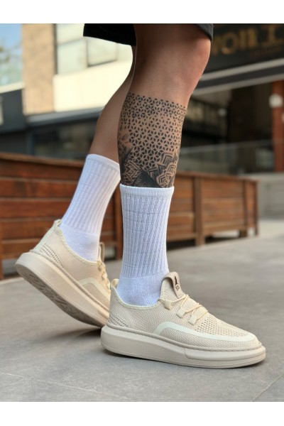 BA0375 Özel Örme Triko Tarz Krem Renk Spor Ayakkabı 