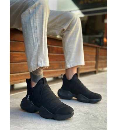 BA0401 Bağcıksız Rahat Yüksek Siyah Taban Siyah Süet Erkek Spor Yarım Bilek Bot