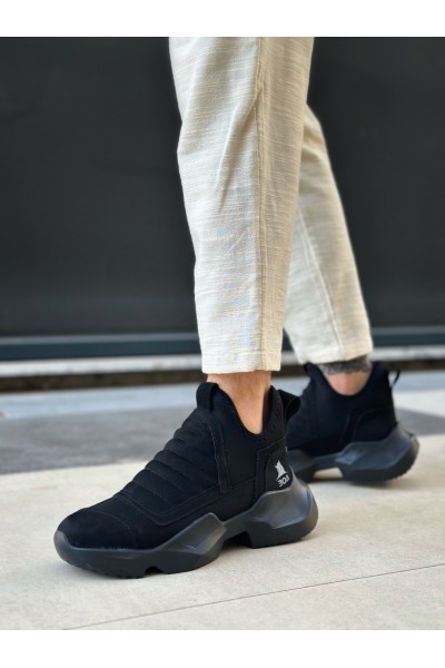 BA0401 Bağcıksız Rahat Yüksek Siyah Taban Siyah Süet Erkek Spor Yarım Bilek Bot