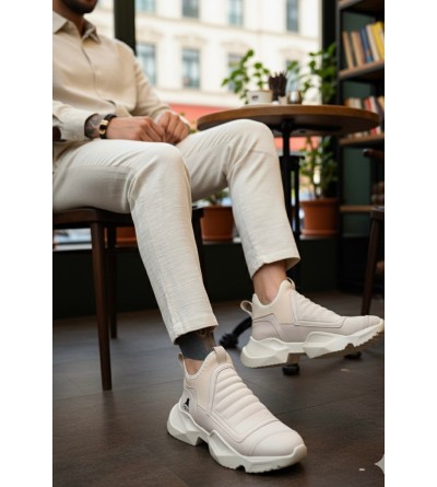 BA0401 Bağcıksız Rahat Yüksek Taban Krem Erkek Spor Yarım Bilek Bot