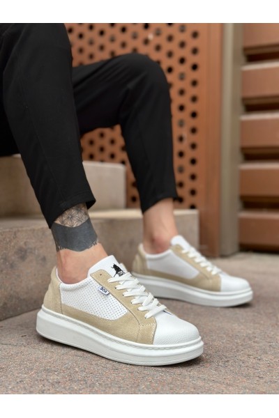 BA0423 BOA Kalın Yüksek Taban Beyaz Krem Bağcıklı Spor Erkek Ayakkabı