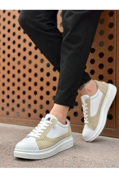 BA0423 BOA Kalın Yüksek Taban Beyaz Krem Bağcıklı Spor Erkek Ayakkabı