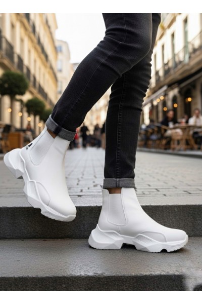 BA0444 Bağcıksız Rahat Yüksek Taban Beyaz Erkek Spor Yarım Bilek Bot
