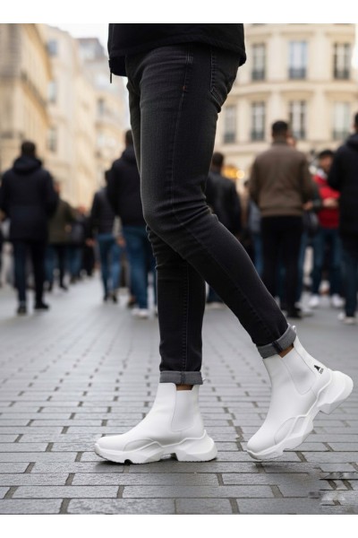 BA0444 Bağcıksız Rahat Yüksek Taban Beyaz Erkek Spor Yarım Bilek Bot