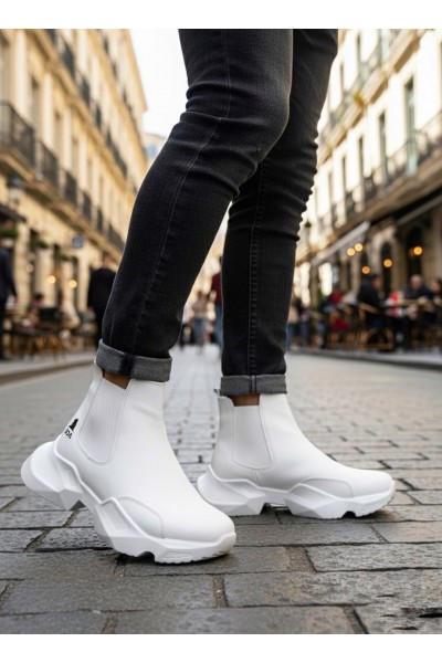 BA0444 Bağcıksız Rahat Yüksek Taban Beyaz Erkek Spor Yarım Bilek Bot