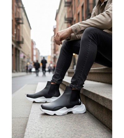 BA0444 Bağcıksız Rahat Yüksek Taban Siyah Beyaz Taban Erkek Spor Yarım Bilek Bot