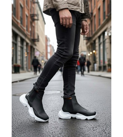 BA0444 Bağcıksız Rahat Yüksek Taban Siyah Beyaz Taban Erkek Spor Yarım Bilek Bot