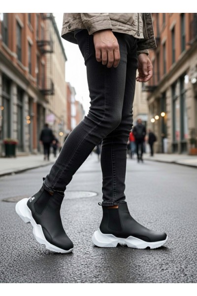 BA0444 Bağcıksız Rahat Yüksek Taban Siyah Beyaz Taban Erkek Spor Yarım Bilek Bot