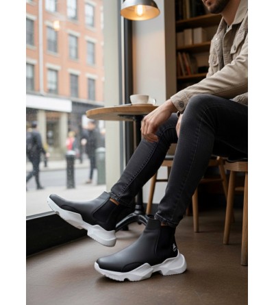 BA0444 Bağcıksız Rahat Yüksek Taban Siyah Beyaz Taban Erkek Spor Yarım Bilek Bot