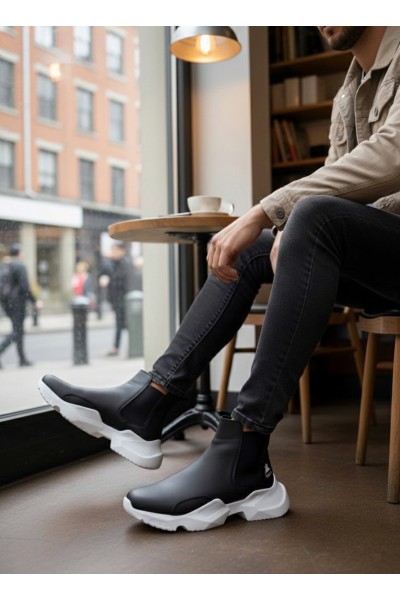 BA0444 Bağcıksız Rahat Yüksek Taban Siyah Beyaz Taban Erkek Spor Yarım Bilek Bot BA0444 Bağcıksız Rahat Yüksek Taban Siyah Beyaz Taban Erkek Spor Yarım Bilek Bot