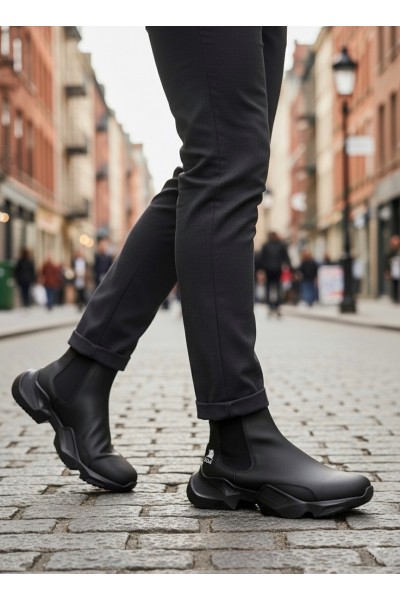 BA0444 Bağcıksız Rahat Yüksek Taban Siyah Erkek Spor Yarım Bilek Bot