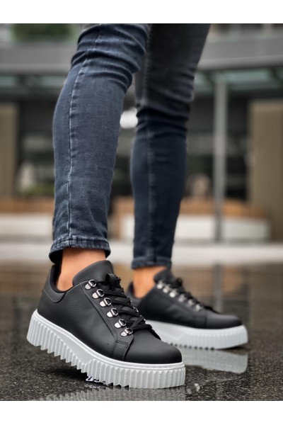 BA0505 Çengel Bağcıklı Siyah Renk Beyaz Tabanlı Günlük Ayakkabı