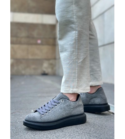 BA0547 BOA Kalın Yüksek Taban Gri Siyah Süet Bağcıklı Spor Erkek Ayakkabı