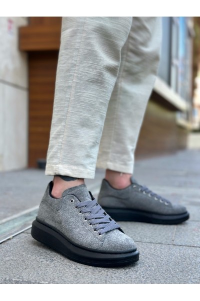 BA0547 BOA Kalın Yüksek Taban Gri Siyah Süet Bağcıklı Spor Erkek Ayakkabı